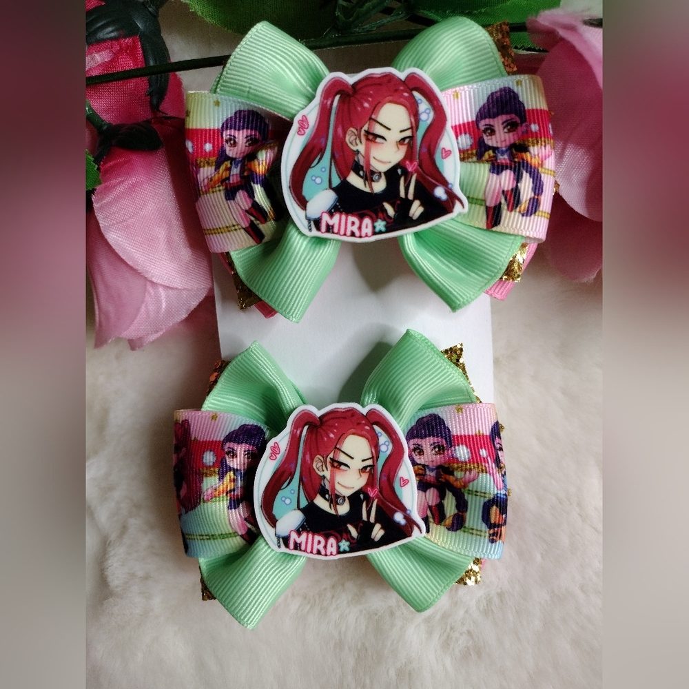 Mira Kids Hair Bow - Green and Pink